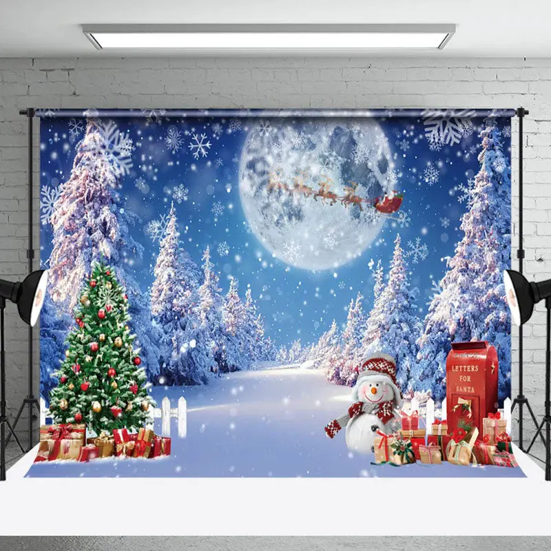 Aperturee Snowy Christmas Tree Night Full Moon Holiday Backdrop - Aperturee