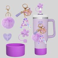 Letter Pattern Tumbler Accessories Set, 5 Counts/set Including Silicone Straw Cover, Kitchen Gadgets, Heart Hook and Pom Char...