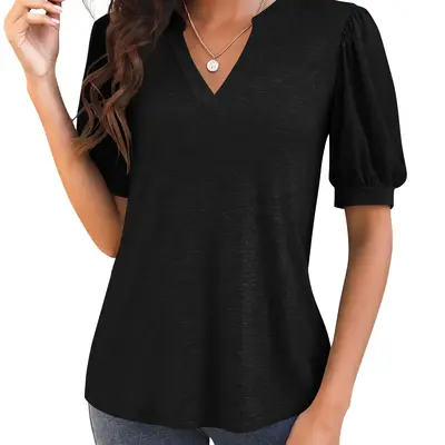 Minimalist PiePieBuy Women's fashion summer pleated button lace half sleeve T-shirt V-neck solid color casual Tunic top Fit B...