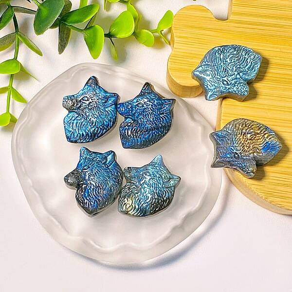 Natural Labradorite Carved Healing Wolf Head Figurines