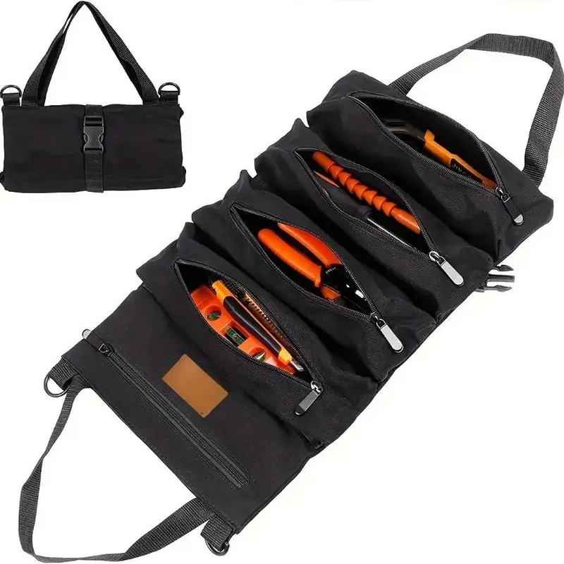 Car Tool Roll-up Storage Bag, Multi-purpose Roll Up Tool Bag, Zipper Canvas Tool Roll Organizer, Suitable for Car Camping Us...