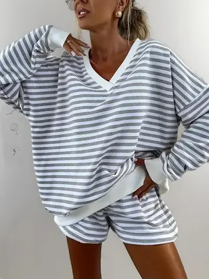 Women's Striped Print V Neck Long Sleeve Tee & High Waist Shorts Set, Casual Loose Stretchy Outfit Sets for Spring & Fall, Wo...