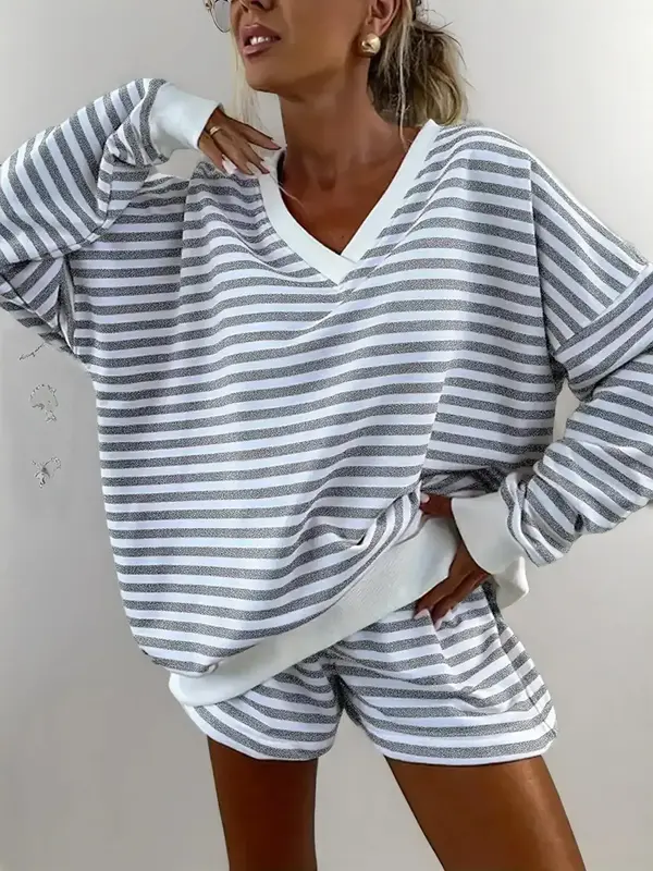 Women's Striped Print V Neck Long Sleeve Tee & High Waist Shorts Set, Casual Loose Stretchy Outfit Sets for Spring & Fall, Wo...