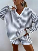 Women's Striped Print Long Sleeve Tee & High Waist Shorts Two-piece Set, Casual Loose V Neck Top & Shorts for Spring & Fall, ...
