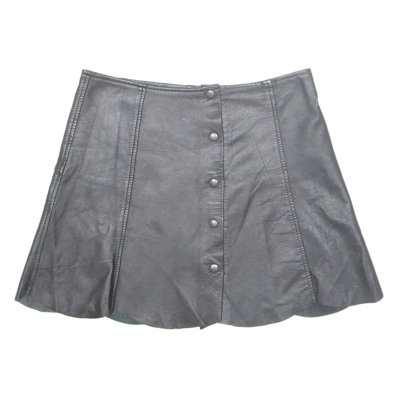 Buttoned Womens Straight Skirt Black Short Leather M