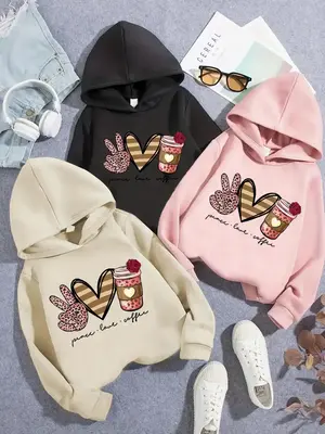 Girl's Cartoon & Letter Print Drop Shoulder Hoodie, Fashion Casual Long Sleeve Hooded Sweatshirt for Daily Holiday Outdoor We...