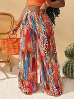 【Plus Size】 All Over Print Wide Leg Trousers, Boho Casual Bohemian Loose Baggy Pants for Daily Holiday Vacation Wear, Wom...