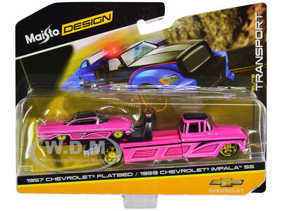 1957 Chevrolet Flatbed Truck and 1959 Chevrolet Impala SS Hot Pink with Black Top and Graphics Elite Transport Series 1/64 Di...