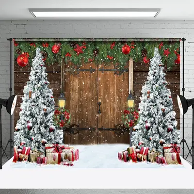 Aperturee Old Wooden Door Christmas Tree Festive Photo Backdrop - Aperturee