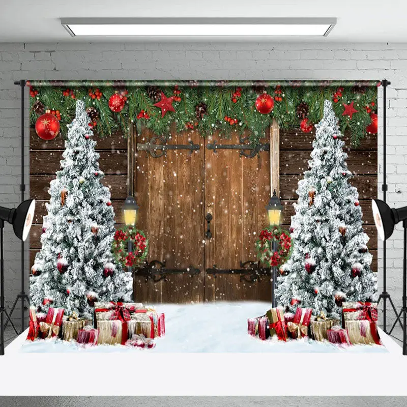 Aperturee Old Wooden Door Christmas Tree Festive Photo Backdrop - Aperturee