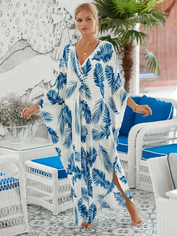 Women's All Over Print Batwing Sleeve Kaftan Dress, Boho Modesty Casual V Neck Split Long Sleeve Maxi Dress for Spring & Fall...