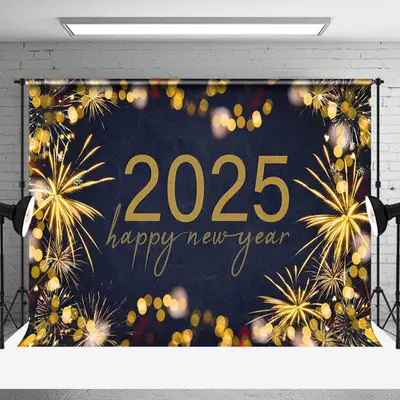 Gold Sparks Bokeh Navy 2025 Happy New Year Backdrop - Aperturee