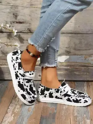 Women's Fashion Cow Print Slip on Low Top Sneakers, 1 Pair Casual Comfortable Round Toe Slip on Shoes for Daily Wear, 2024 Tr...