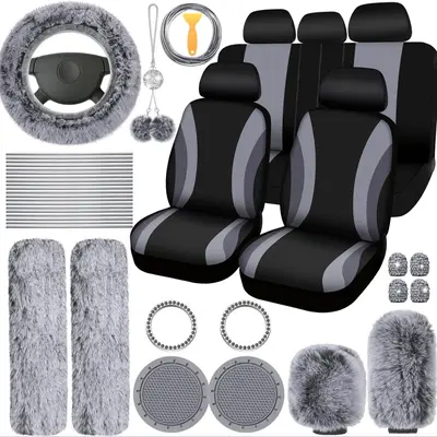 Global Pick Car Interior Decoration Set, Car Seat Cover & Steering Wheel Cover & Gear Cover & Cup Coaster & Seat Belt Shoulde...