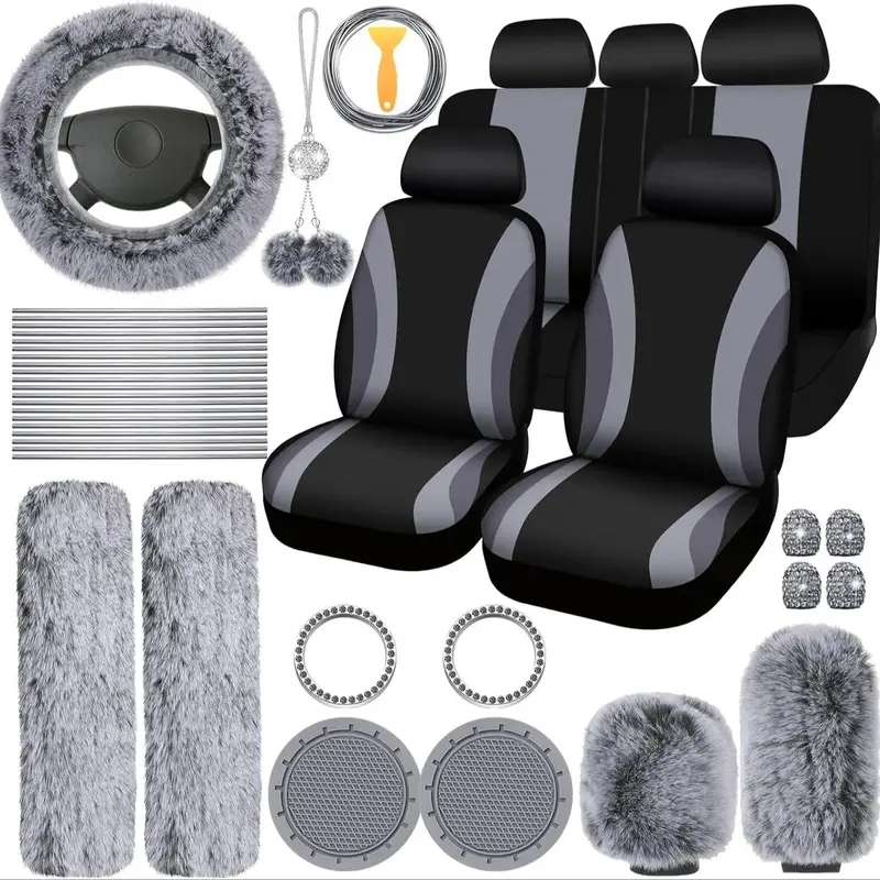 Global Pick Car Interior Decoration Set, Car Seat Cover & Steering Wheel Cover & Gear Cover & Cup Coaster & Seat Belt Shoulde...