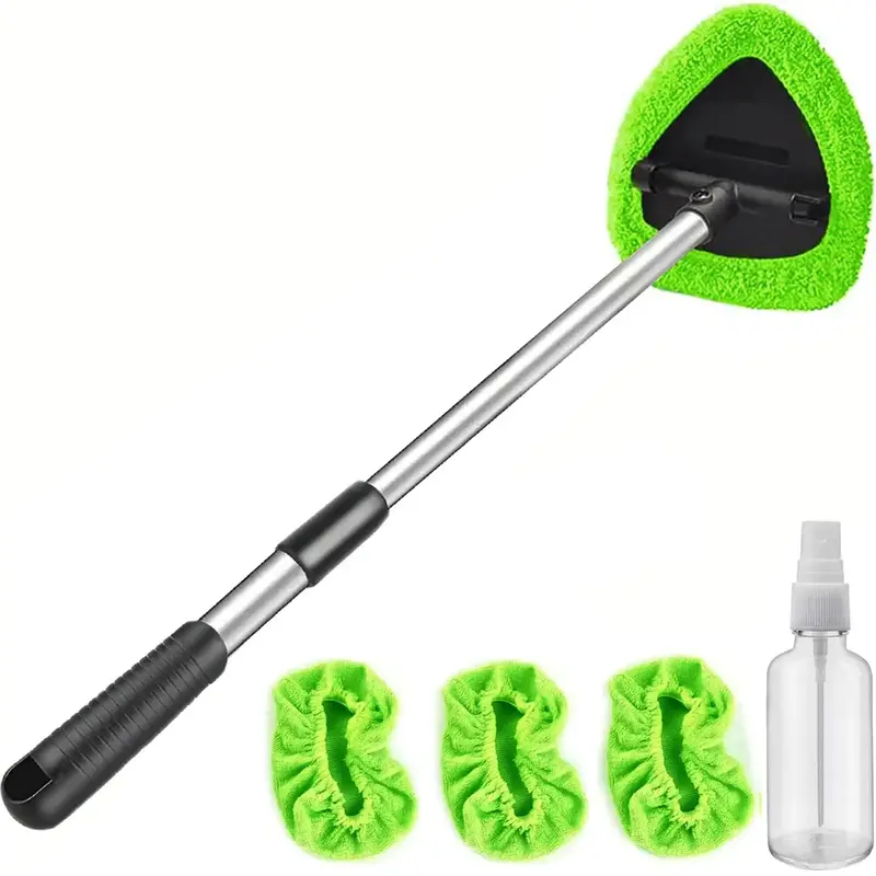 Windshield Cleaner Tool - Extendable Handle Auto Glass Wiper Kit with 4 Reusable Washable Microfiber Pads! Perfect for Car In...