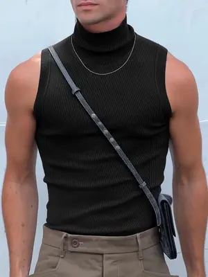 INCERUN Mens High Neck Sleeveless Tank Tops Vest Skinny Slim Tee Shirt Blouse