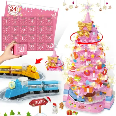 TOKMOC 2025 Rotatable Train Christmas Tree Building Block Set,Pink and Green,24 Days DIY Advent Calendar Surprise Christmas C...