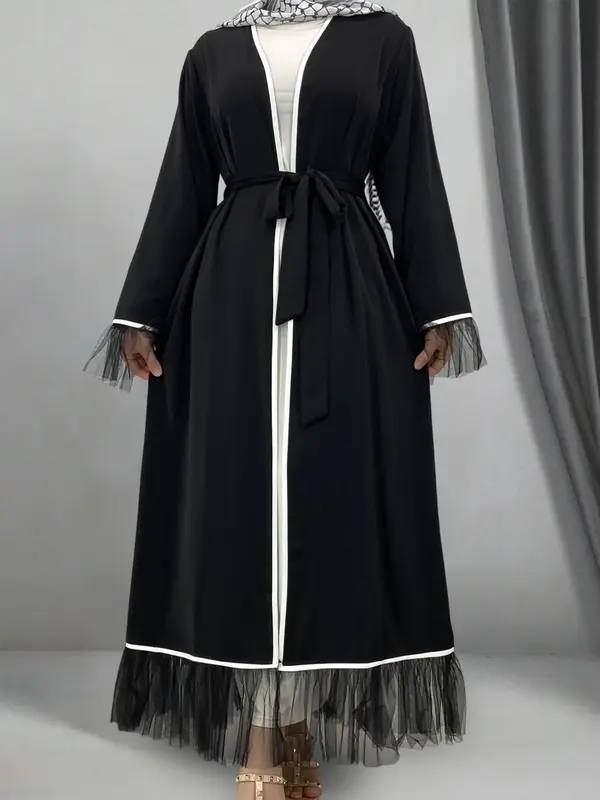 Women's Solid Color Abaya, Modest Casual Long Sleeve Belted Abaya for Daily Wear, Ladies Islamic Clothing for All Seasons