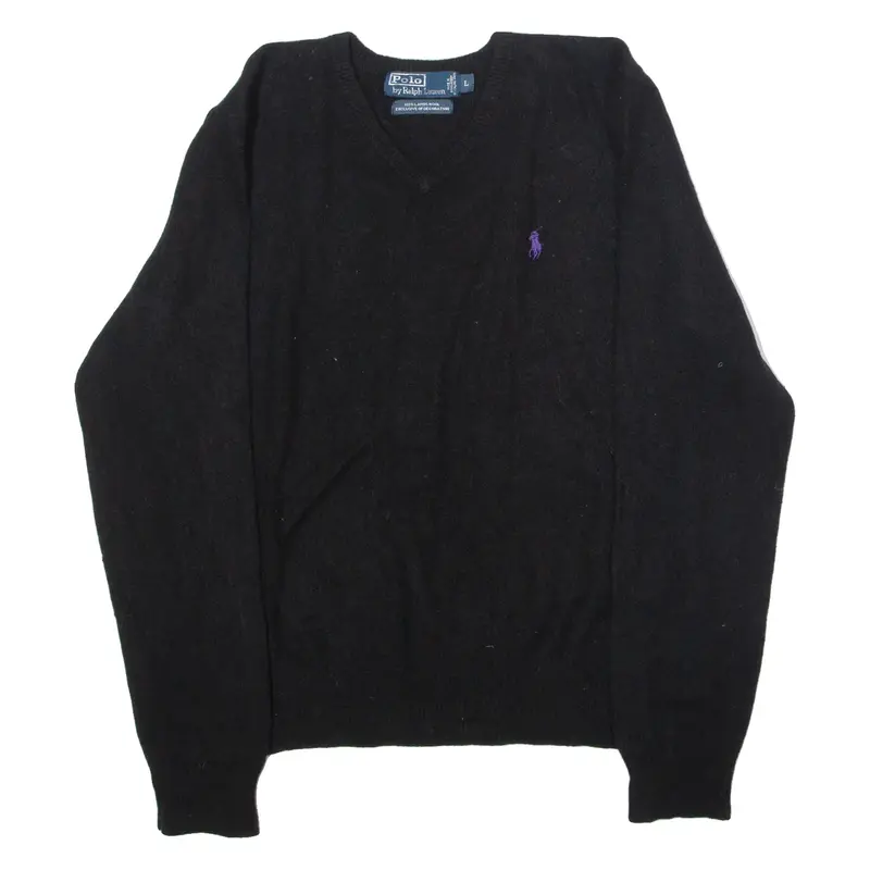 POLO RALPH LAUREN Mens Jumper Black V-Neck 90s Tight Knit Wool L