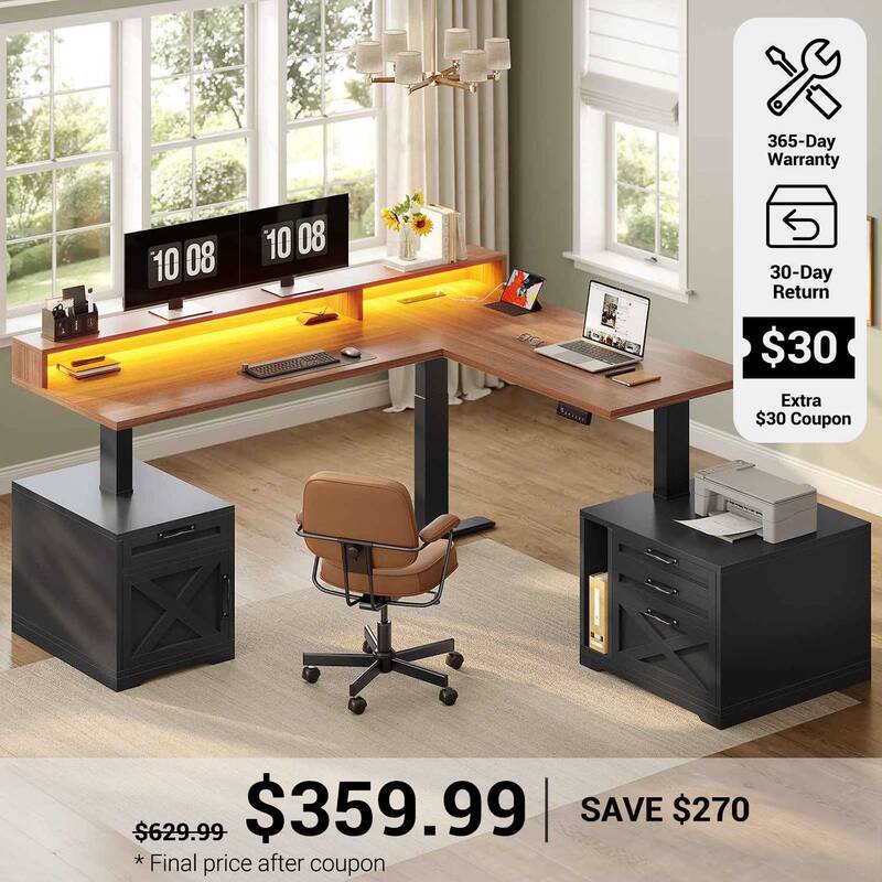 SEDETA | 70.1 Inch Farmhouse L Shaped Standing Desk Electric Height Adjustable, Ergonomic Computer Desk with Drawers, Outlets...