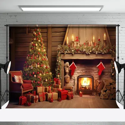 Aperturee Cozy Xtmas Scene Gifts Stockings Fireplace Backdrop