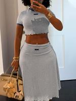 Women's Colorblock Tee & Skirt Two-piece Set, Elegant Fashion Casual Crew Neck Top & Skirt for Daily Outdoor Wear, Ladies for...