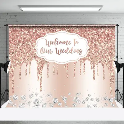 Aperturee Rose Gold Glitter Welcome To Our Wedding Backdrop