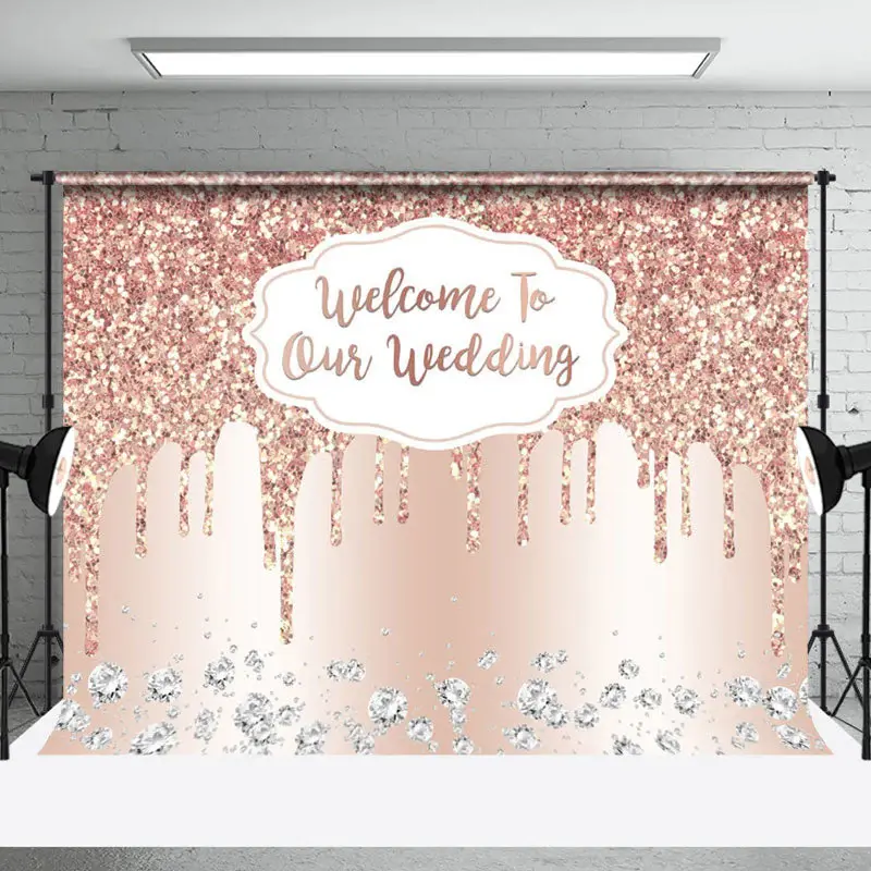 Aperturee Rose Gold Glitter Welcome To Our Wedding Backdrop