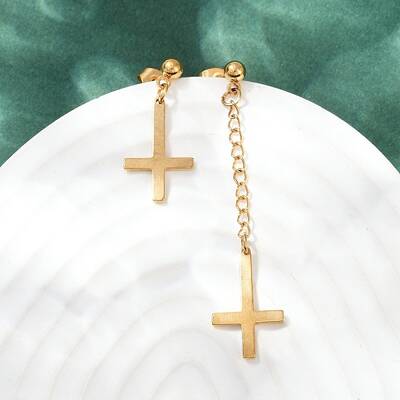 Upside Down Cross 201 Stainless Steel Dangle Stud Earrings