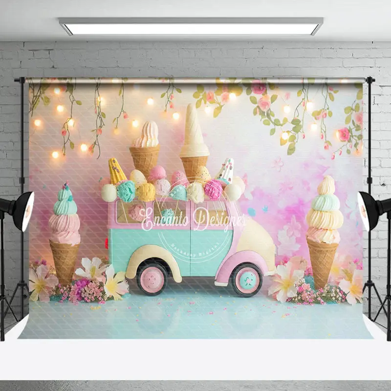 Ice Cream Car Floral Light Bokeh Cake Smash Backdrop - Aperturee