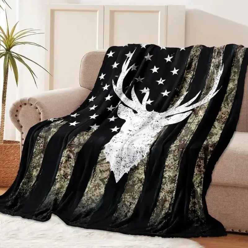 Star & Deer Pattern Blanket, 1 Count Soft Comfortable Throw Blanket, Cool Bedroom Bedding Blankets, Warm Nap Blanket for Home...