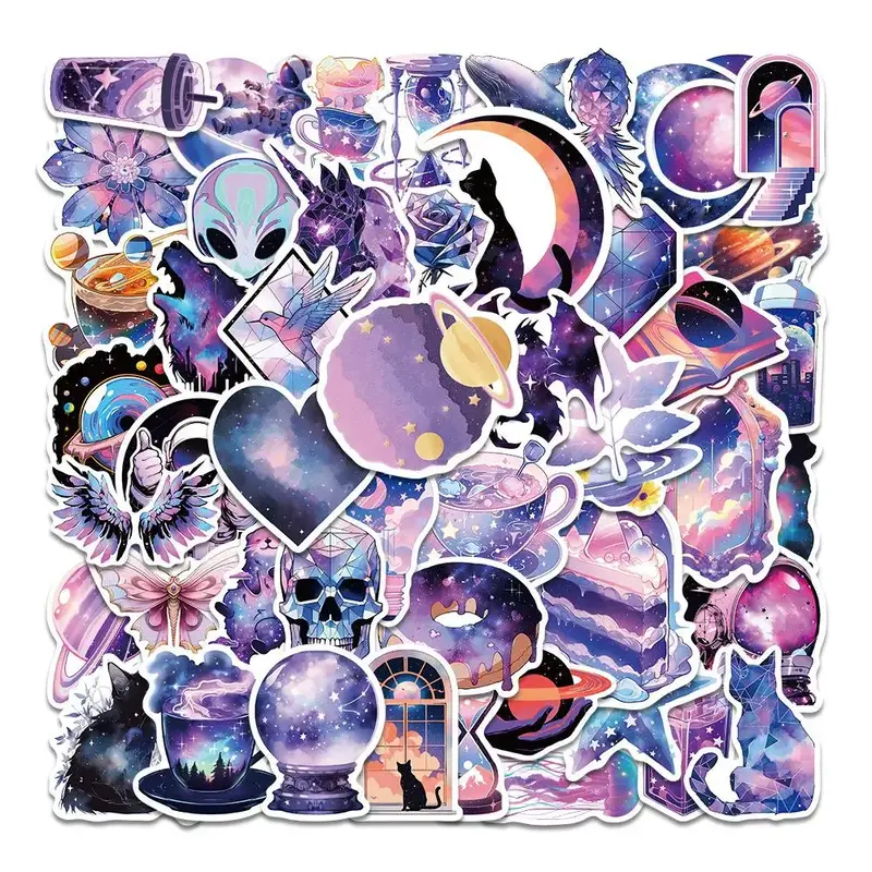 Cute Alien & Moon Pattern Car Graffiti Sticker, 50pcs Self Adhesive Car Body Decor Paper, Car Window & Mirror Decorative S...