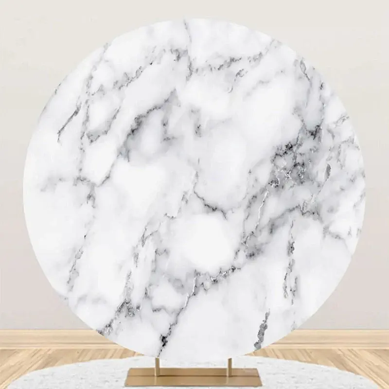 White And Grey Simple Marble Round Birthday Backdrop - Aperturee