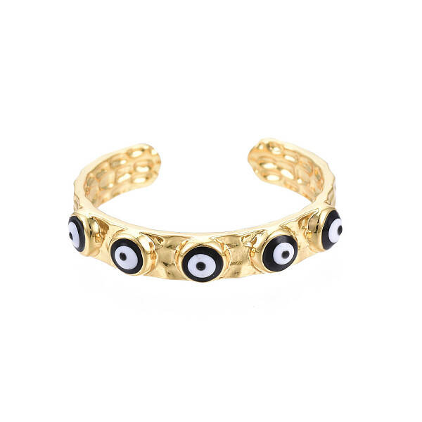 Real 18K Gold Plated Brass Open Cuff Ring with Enamel Evil Eye for Women