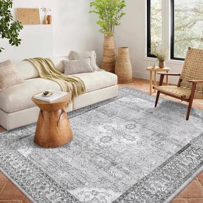 Garvee Living Room Rug 10x13 Vintage Medallion Washable Soft Non-Slip Boho Floral Distressed Grey Carpet for Bedroom Dining R...