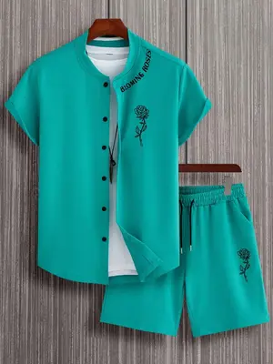 2 Counts Men's Floral Print Two-Piece Set, Casual Button Shirt & Pocket Drawstring Shorts, Holiday Outfits 2024, Summer Outf...