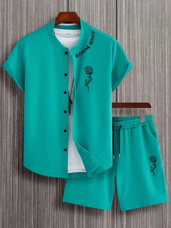 2 Counts Men's Floral Print Two-Piece Set, Casual Button Shirt & Pocket Drawstring Shorts, Holiday Outfits 2024, Summer Outf...