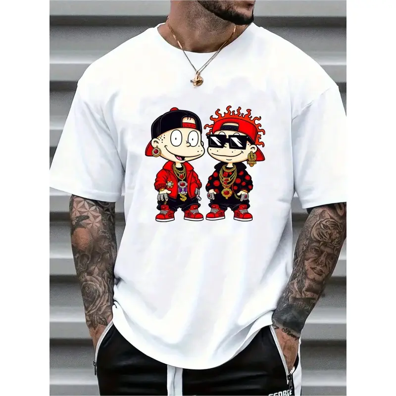 Men's Fashion Cartoon Hip Hop Print T Shirt - Casual cotton, round neck, regular fit, geometric print, machine washable - Fas...