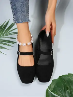Women's Fashionable Solid Color Square Toe Mary Jane Flats, Casual Comfortable Buckle Design Shoes for Daily Wear, All-match...