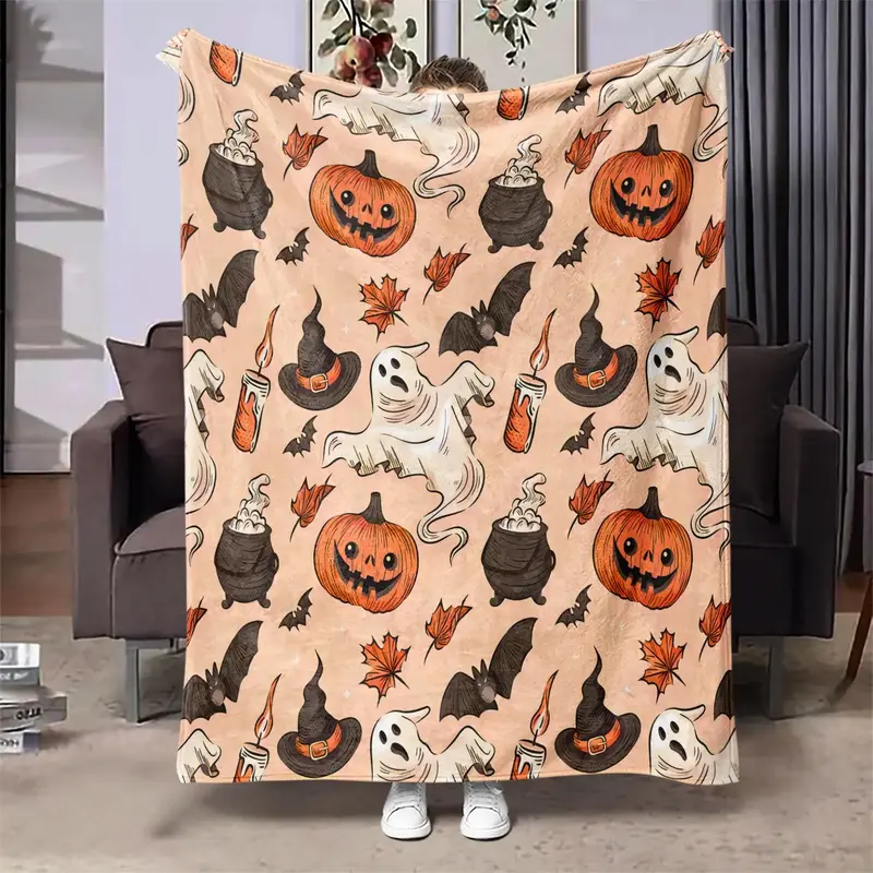 Cartoon Themed Blanket, 1 Count Lovely Pumpkins & Ghosts Pattern Soft Warm Nap Throw Blanket, Air-conditioned Room Blanket fo...