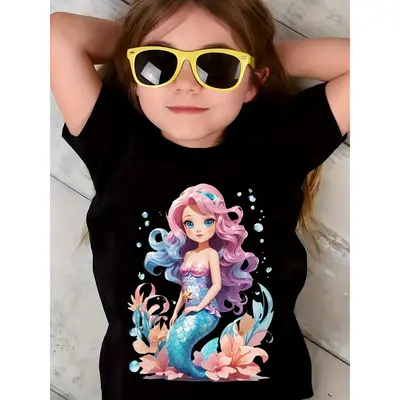 Soft Cotton Girls' Mermaid Graphic T-Shirt - Vibrant Underwater Print, Round Neck, Short Sleeve Summer Top, Machine Washable,...