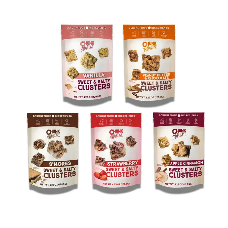 Chunk Nibbles Snack Clusters Snack Bundle | 5 Unique Flavors - Peanut Butter Chocolate, S'mores, Vanilla, Apple Cinnamon, Str...