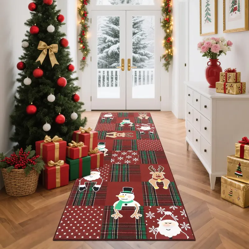 Garvee Christmas Runner Rug 2x6 Non Slip Washable Low Pile Stain Resistant Polyester Checkered Santa Claus Xmas Winter Holida...