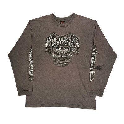 Made In Usa Woodstock Illinois Harley Davidson Graphic Long Sleeve T-Shirt - 2XL Brown Cotton Blend