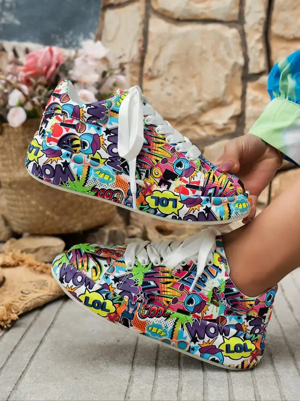 Women's Fashionable Random Graphic Print Lace Up Sneakers, Casual Comfortable Round Toe Sports Shoes, Female All-match Basic ...