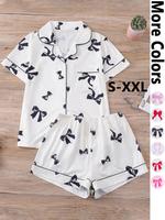 Two-Piece Set Women's Bow Print Shortsleeve Top & Elastic Waist Shorts Pyjama, Casual Comfy Top & Shorts PJ Set, Ladies Sum...