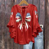 Cherrybetty American Flag Bow Print Ruffle Sleeve Top 4th july outfits women Shirts Casual Womenswear Blouse Chic Elegance Pi...