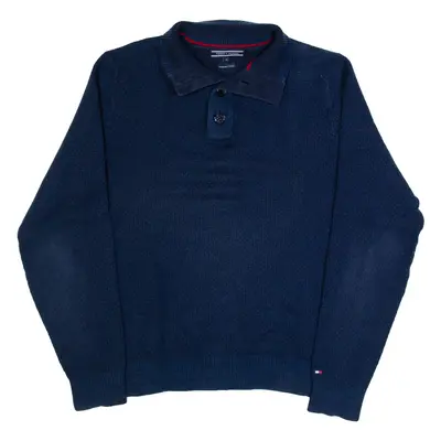 TOMMY HILFIGER Mens Jumper Blue Button Neck Tight Knit M
