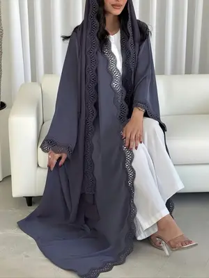 Elegant Lace Trim Cardigan Set, Two-Piece Party Casual Abaya Robe, Stylish Long Sleeve Outerwear for Women, Modesty Abaya, Ab...